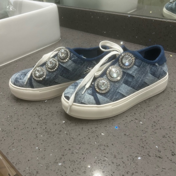Kurt Geiger Blue Denim Sneakers with Rhinestone Details - Picture 4 of 10